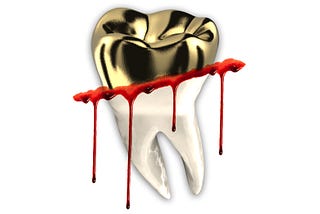 Illustration of a tooth with a gold crown. The white root of the tooth and the gold crown are separated by a streak of dripping blood.