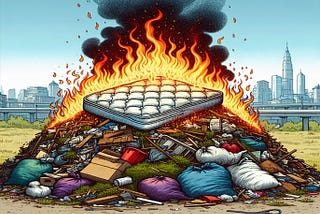 Illustration of a large burning pile of garbage with a mattress on top of the pile in a field with a city in the background