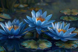 An illustration of blue water lilies on a pond.