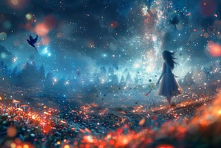 A dreamy dark landscape scattered with glowing coals, mushrooms and starry mist. A silhouette of a woman in a dress, walks toward a large butterfly in the dark teal background