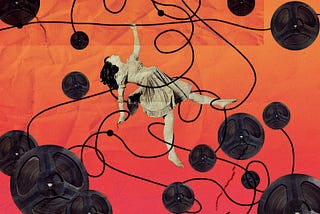 Modern illustration of a girl caught in a web of wires and cords, dangling off the ground.