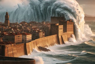 A huge wave breaks over a walled city.