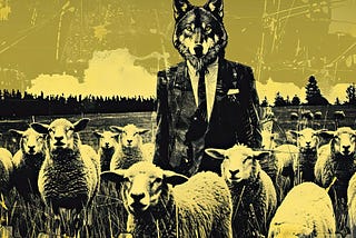 Illustration of a corporate wolf surrounded by sheep in a pasture