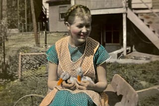 A young mother wearing an apron and holding two ducks in her lap outdoors.