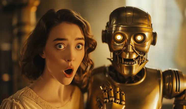 Photo of a beautiful young woman get shocked by a giant golden robot, dramatic scene and colors, AI image created on MidJourney v6 by Henrique centieiro and bee lee