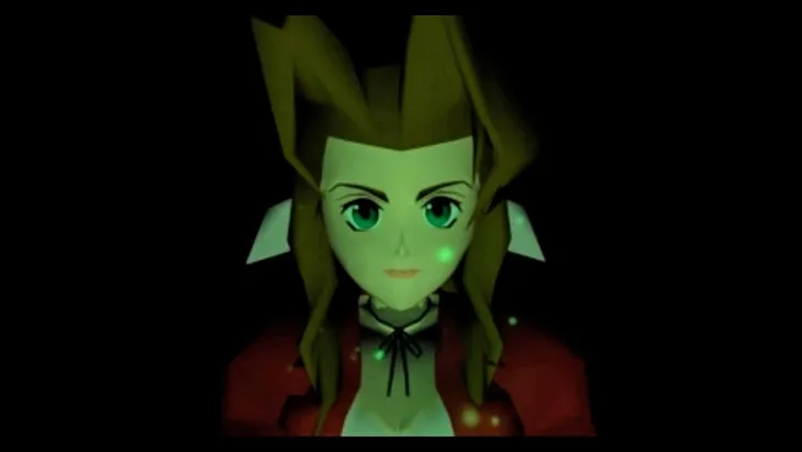 Aerith stares into the camera in the opening moments of Final Fantasy VII, her face lit by a mysterious green mote.