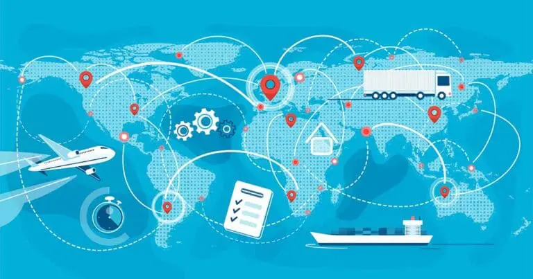 digital image of a blue scale map of a globe with lines and symbols interconnecting different countries to symbolize global communication and shipping