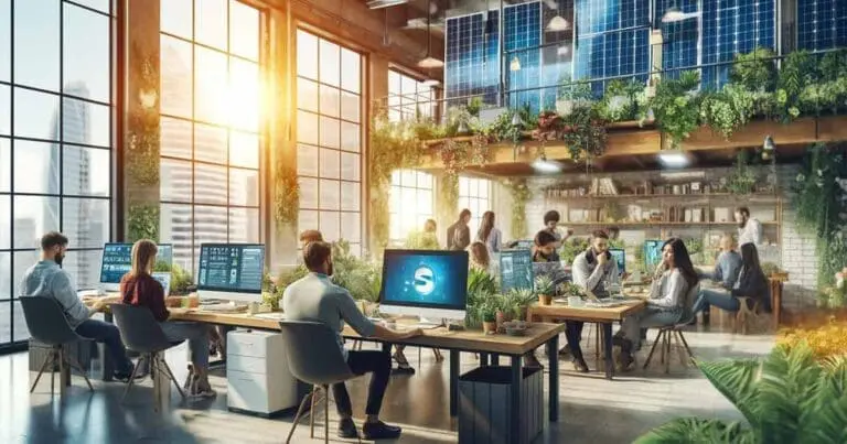 ai-generated image of a brightly lit office with the dusk sun shining in floor to ceiling windows and employees sitting at their desks working on their computers