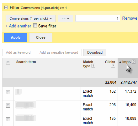 how to apply search query filters in AdWords