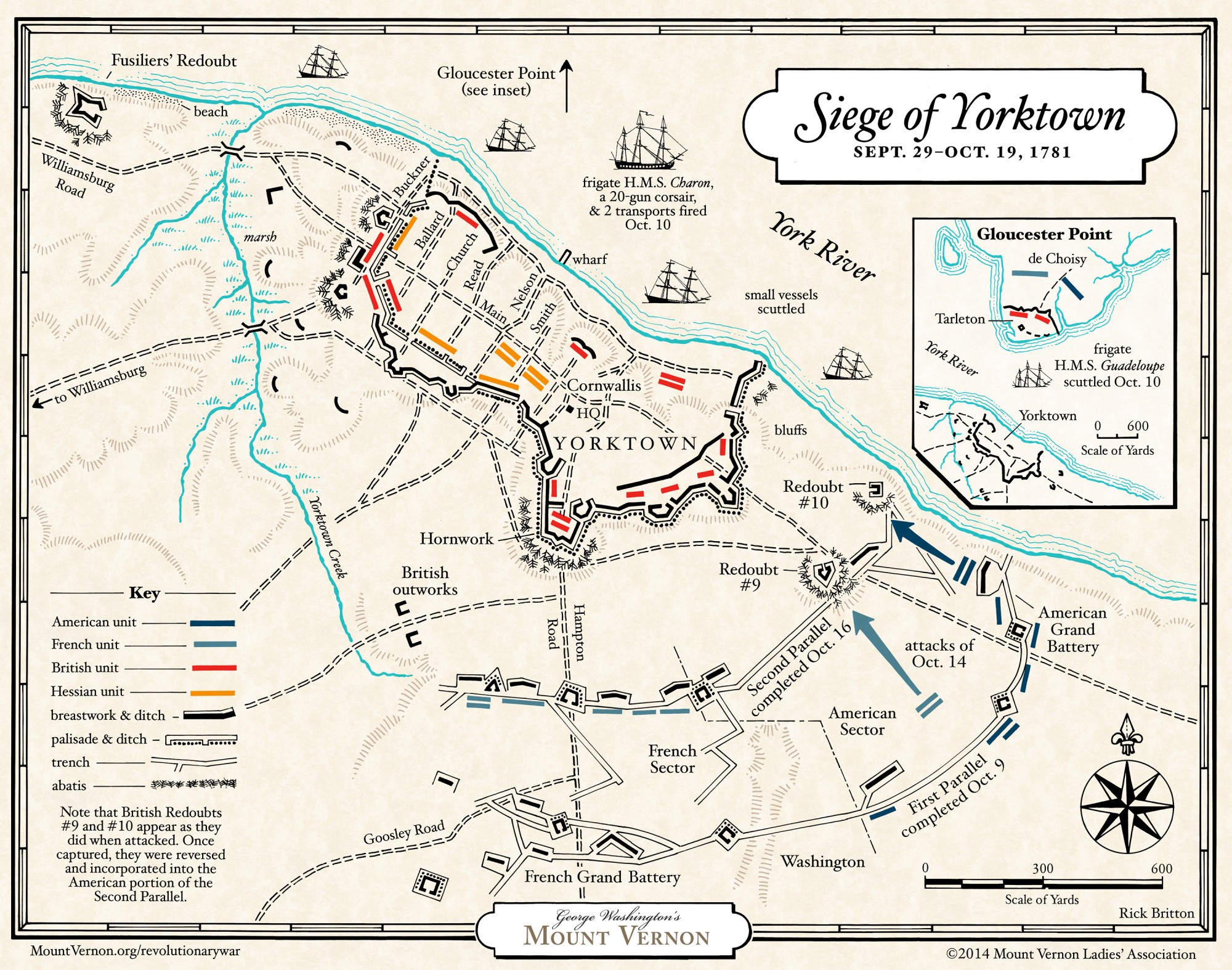 This detailed map from Mount Vernon looks at the the British, Hessian, French, and American positions at Yorktown in October 1781.  The map shows the attacks on Redoubts 9 and 10 - the attacks that led to Cornwallis' surrender.