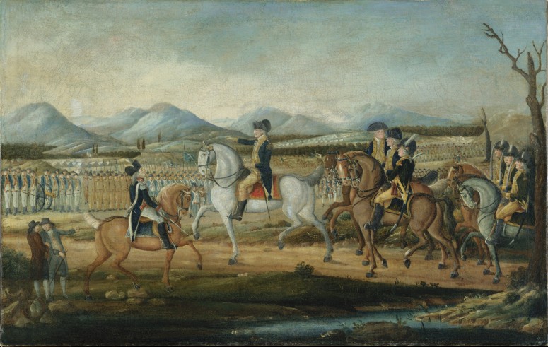 George Washington reviewing the troops being deployed against the Whiskey Rebellion - Washington Reviewing the Western Army, at Fort Cumberland, Maryland, ca.1795. [63.201.2]. Courtesy The Metropolitan Museum of Art, New York, NY.