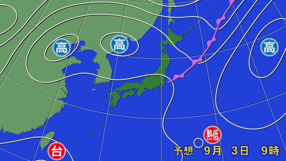 3日(火)午前9時の予想天気図