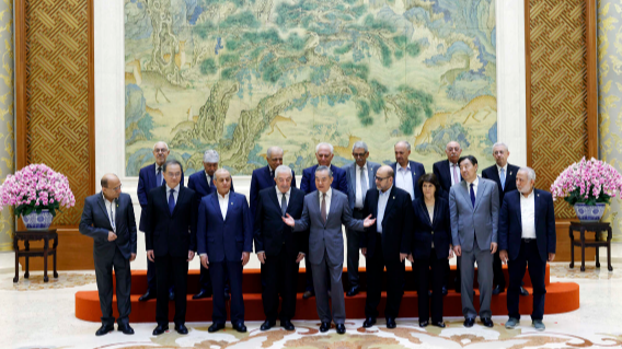 Chinese Foreign Minister Wang Yi (C, front row), also a member of the Political Bureau of the Communist Party of China Central Committee, poses for a photo with representatives of Palestinian factions in Beijing, China, July 23, 2024. /Chinese Foreign Ministry