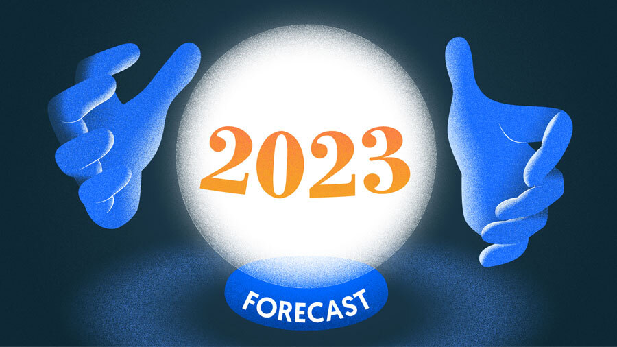 Illustration of crystal ball/hands-Forecast 2023.