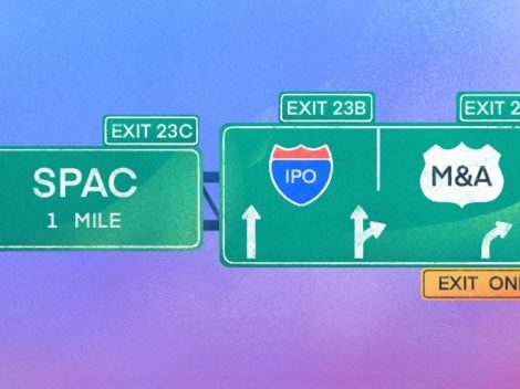 Illustration of freeway exits: SPAC, IPO, M&A.