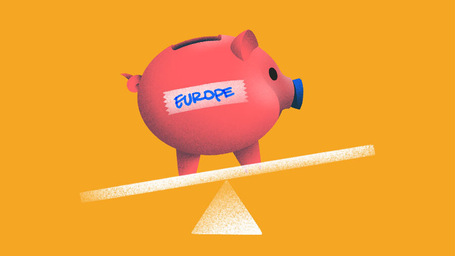 Illustration of Europe-labeled piggy bank on an inclined plane.