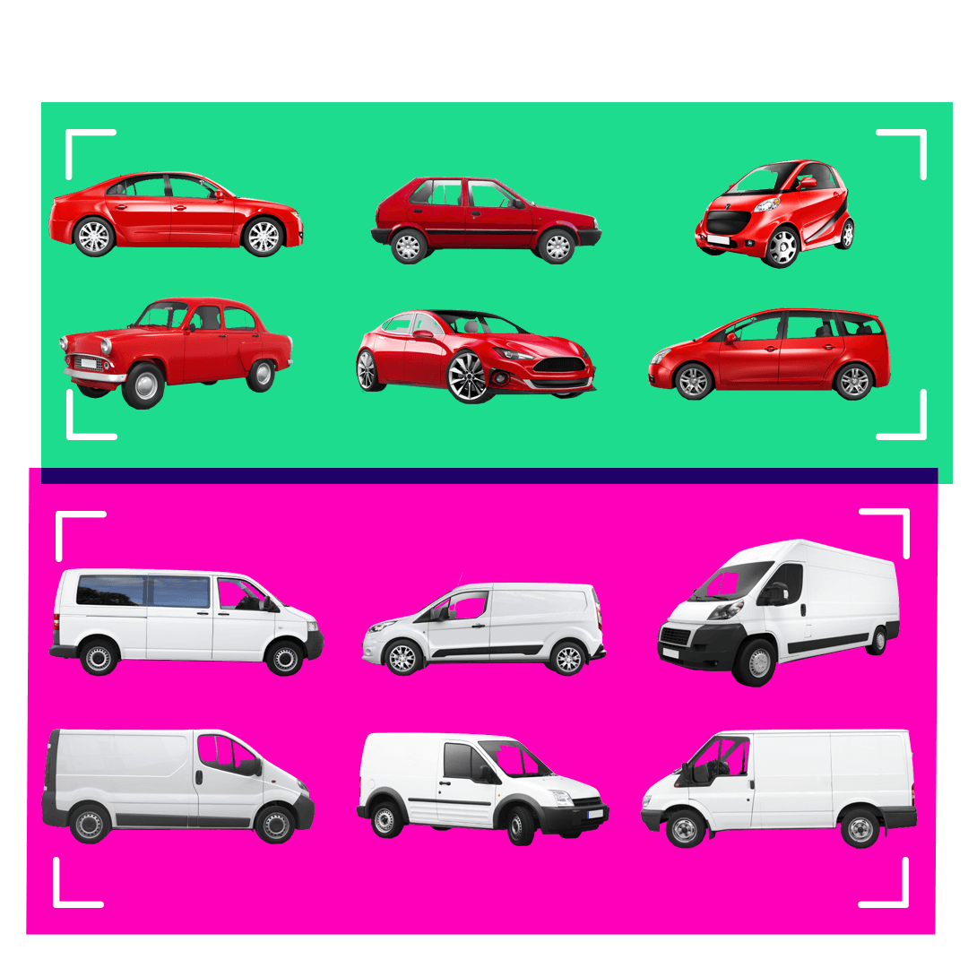 Six red cars and six white vans