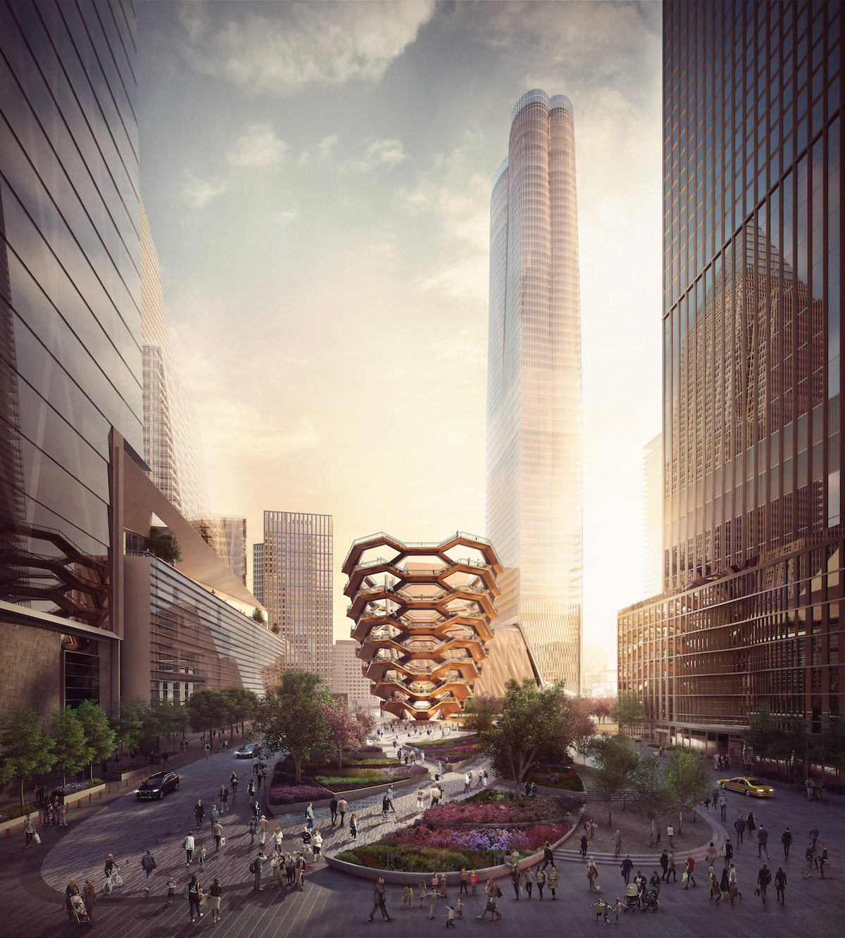 A view of the public square and the Vessel looking south. rendering by Forbes Massie