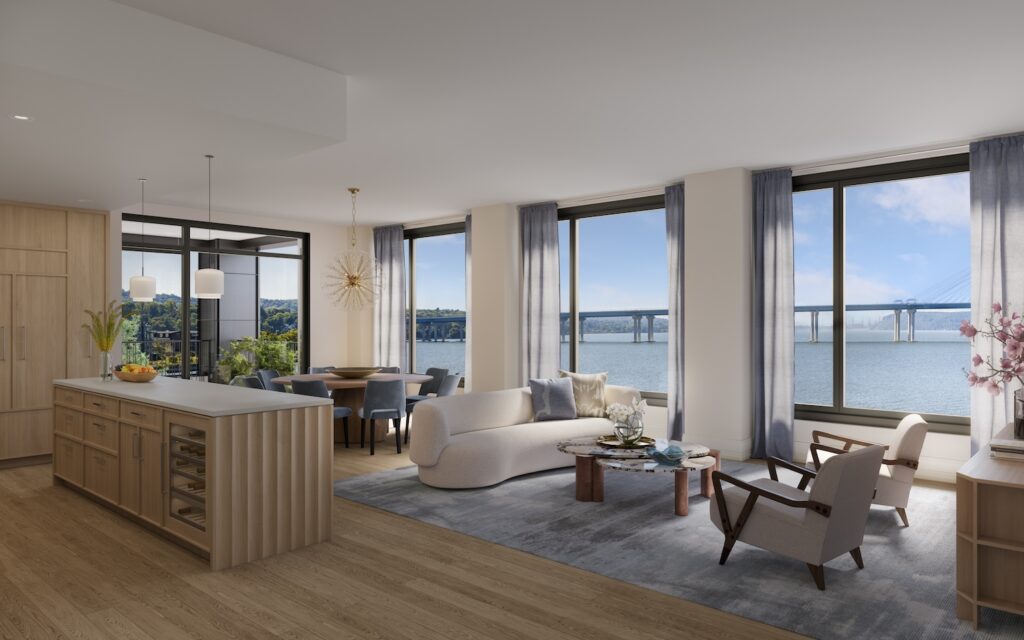 Rendering of living/dining room at the Daymark Condominiums, courtesy of Cahn PR