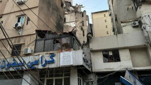 A view of buildings shows damage after what security sources said was a strike on Beirut's southern suburbs, on Tuesday.