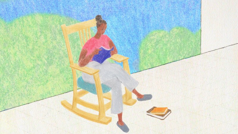 Illustration of a woman sitting in a rocking chair reading a book in front of a big window.