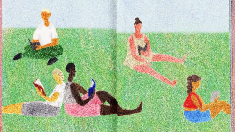 Illustration of people reading books in the grass.