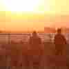 This photo shows Juan Rodriguez and his cousin Orlando Flores checking on their 2-acre agave field in Vacaville, Calif., on June 26, 2024. They are walking among rows of aloe-looking agave plants, with their backs to the camera. In the background are a fence and yellow-orange sky.