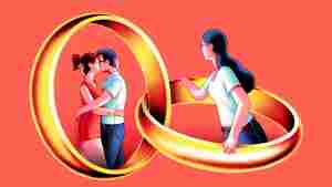 Illustration that shows two gold wedding bands intertwined. On the left two people embrace and kiss as they're encircled in one of the wedding bands, on the right a person looks on, seemingly in emotional agony as their partner engages in an affiar, breaking the circle of trust that they had established and the relationship contract they had agreed upon.