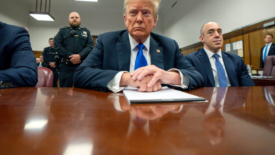 Former President Donald Trump, center, and Emil Bove, his attorney, right, at Manhattan criminal court in New York on May 30 as a New York in his hush money case began deliberations