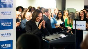 Vice President Harris gets ready to speak to campaign staff at her campaign headquarters in Wilmington, Del., on Monday.