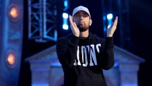 Eminem on stage during the 2024 NFL Draft on April 25, 2024 in Detroit, Mich.