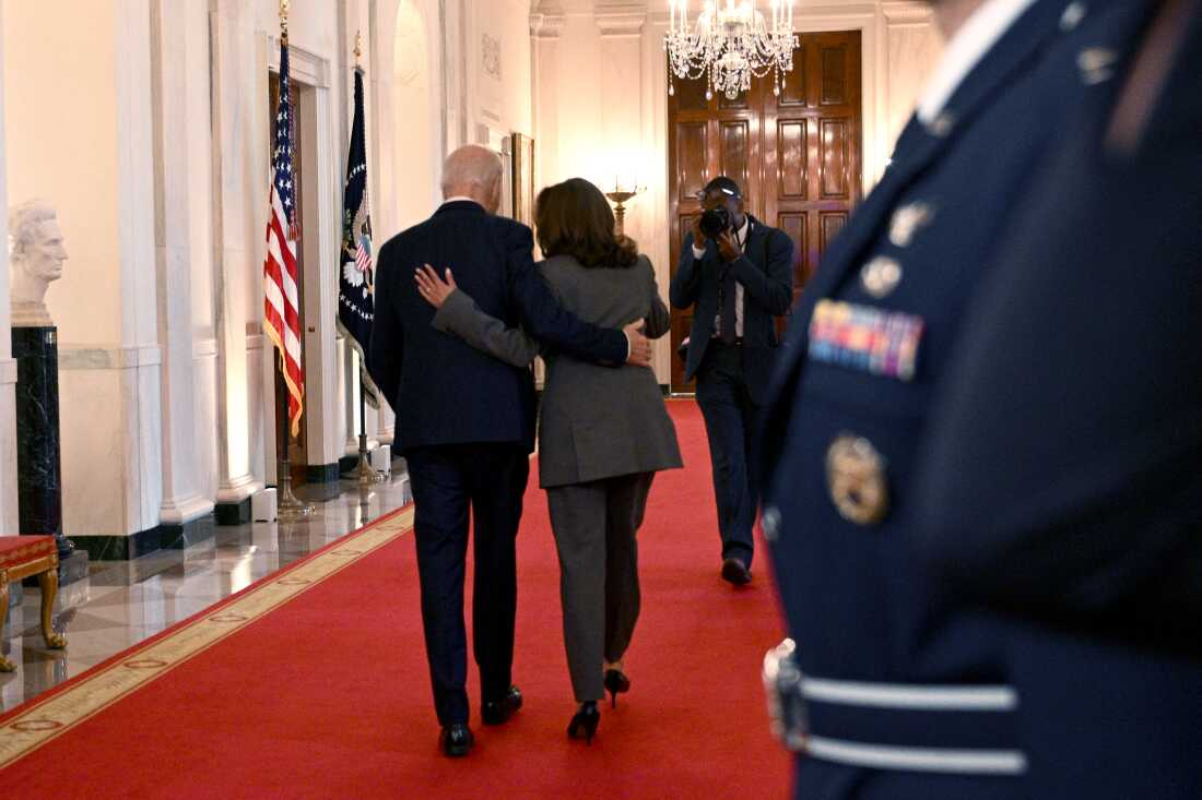 Vice President Harris and President Biden depart the East Room after delivering remarks on artificial intelligence at the White House on Oct. 30, 2023.