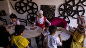 Tyre, Lebanon. On April 23, 2024, Sara Ahmed Miliji, hailing from Naquoura, participates in a drawing lesson at the National Theater. 