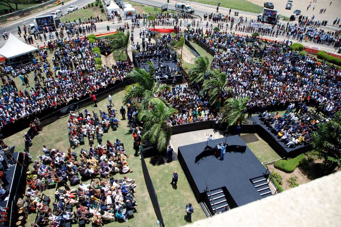 Vice President Harris gives an address to youth gathered on Black Star Square in Accra, Ghana, on March 28, 2023.