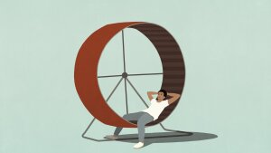 Illustration of a man relaxing on a hamster wheel, symbolizing taking a break from the daily grind to refresh yourself and appreciate life.