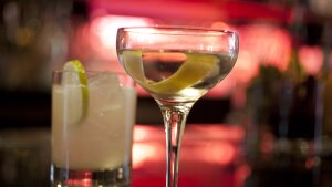 An agave Margarita and gin Martini made by mixologist Jacques Bezuidenhout sit on a bar in the Starlight Room of the Sir Francis Drake Hotel in San Francisco, Dec. 20, 2012.