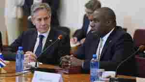 U.S. Secretary of State Antony Blinken and Britain's Foreign Secretary David Lammy meet with Ukraine's Foreign Minister Andrii Sybiha at the Ministry of Foreign Affairs in Kyiv, Ukraine, Wednesday.