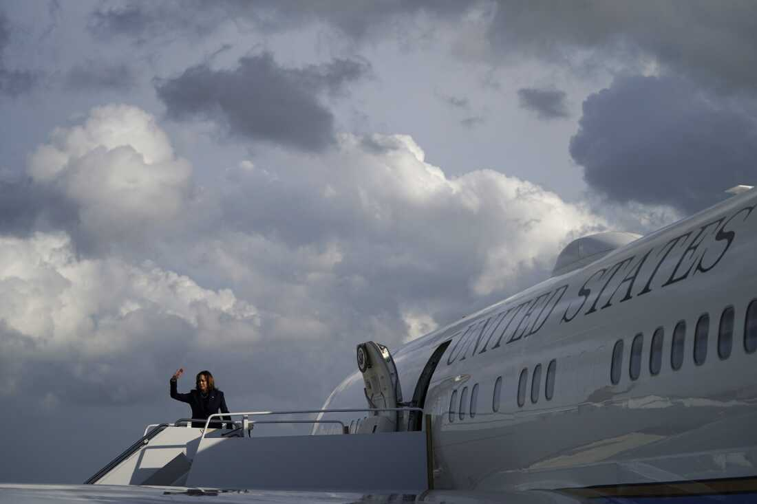 Vice President Harris waves as she boards Air Force Two in Fort Lauderdale, Fla., on March 23, 2024.