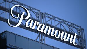 The Paramount logo is displayed at Columbia Square along Sunset Boulevard in Hollywood, Calif. on March 9, 2023.