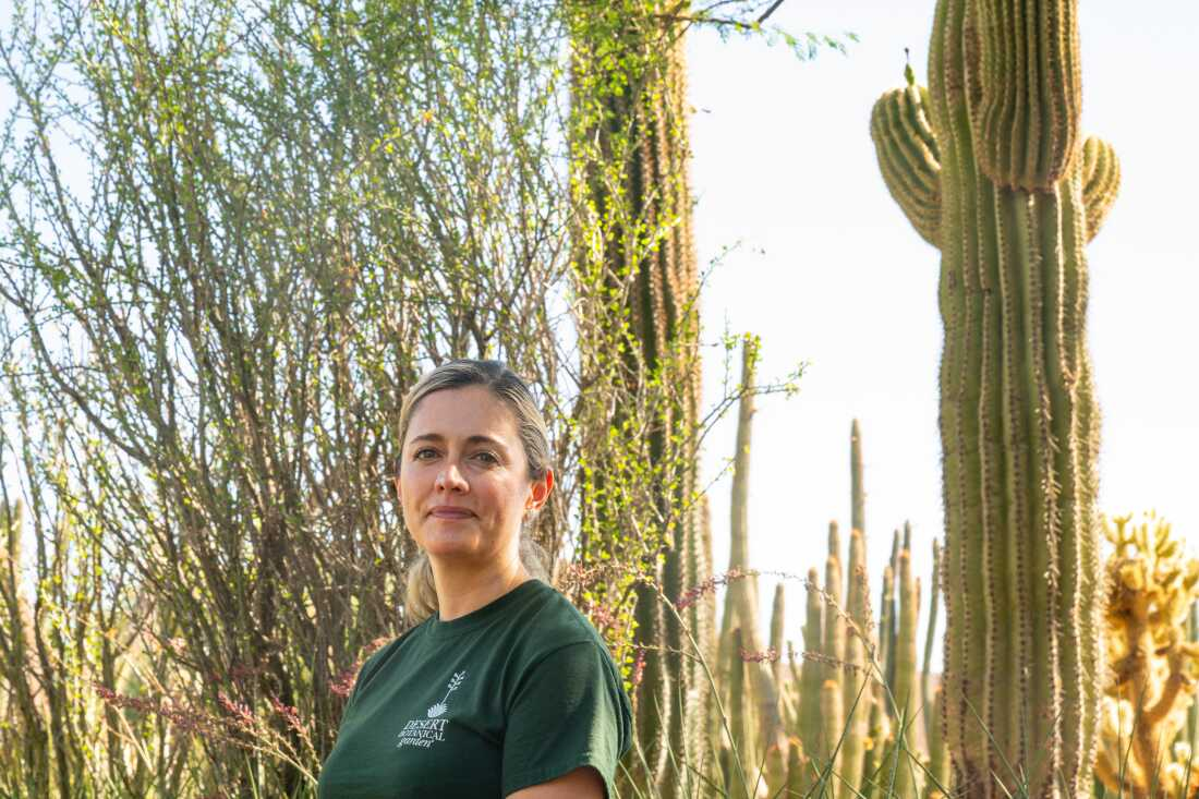 Hernandez sits for a portrait with saguaro cactus at the Desert Botanical Garden.