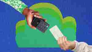 Photo collage of one hand coming into the frame from the bottom right corner holding a credit card. A hand holding a credit card reader reaches down from the top left-hand corner. The backdrop shows green clouds on solid blue. 