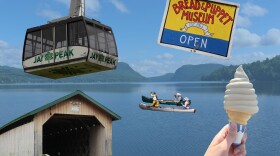 A collage on the background of a lake with mountains includes cut outs of a soft-serve ice cream cone, a sign that says "Bread and Puppet Museum - Open," a Jay Peak aerial tram, a covered bridge, and two tandem canoes.