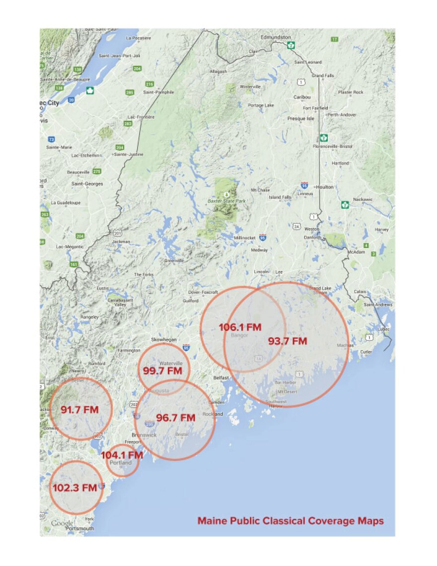 A Map of Maine showing the coverage areas of the 7 transmitters comprising the Maine Public Classical network