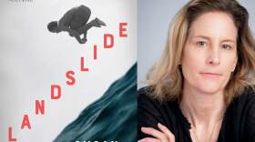 Landslide book jacket composited with an image of the author Susan Conley