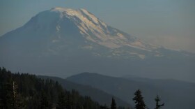 Image of a snow-covered mountain surrounded by trees. 