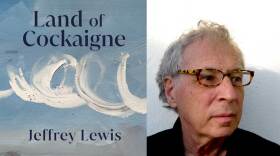 Composite image featuring the book for Land of Cockaigne and a photo of author Jeffrey Lewis