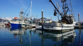 Boats at dock on a sunny day with snow-capped mountains far off in the distance. 