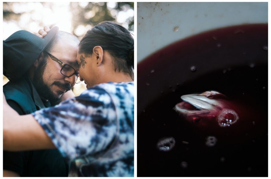 Two pictures: A woman wearing a tie-die shirt while embracing a man wearing glasses, a baseball cap and a black cap. The other picture is of fish head floating in bloody water.