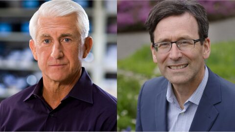 A picture of a man with white hair wearing a navy blue polo shirt and a picture of man with graying hair wearing glasses and a blue suit. 