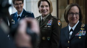 Army Gen. Laura Richardson, commander of U.S. Southern Command (center), alongside U.S. Air Force Gen. Jacqueline Van Ovost, U.S. Transportation Command commander (left), and U.S. Navy Adm. Lisa Franchetti, Chief of Naval Operations in Arlington, Va.